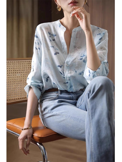 Three-quarter sleeve printed cotton shirt
