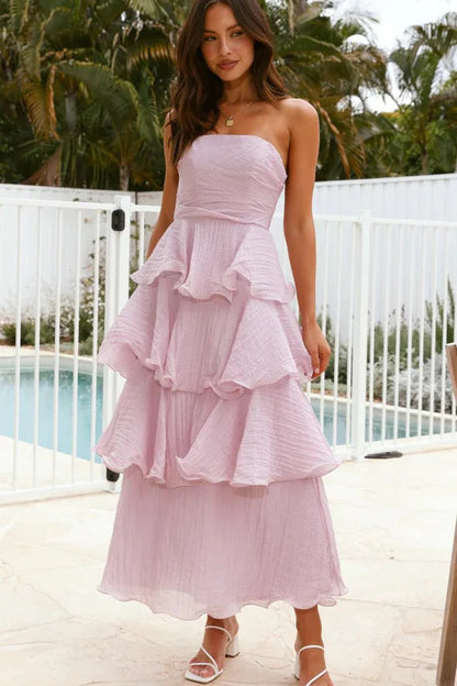 Boned strapless backless tiered midi dress