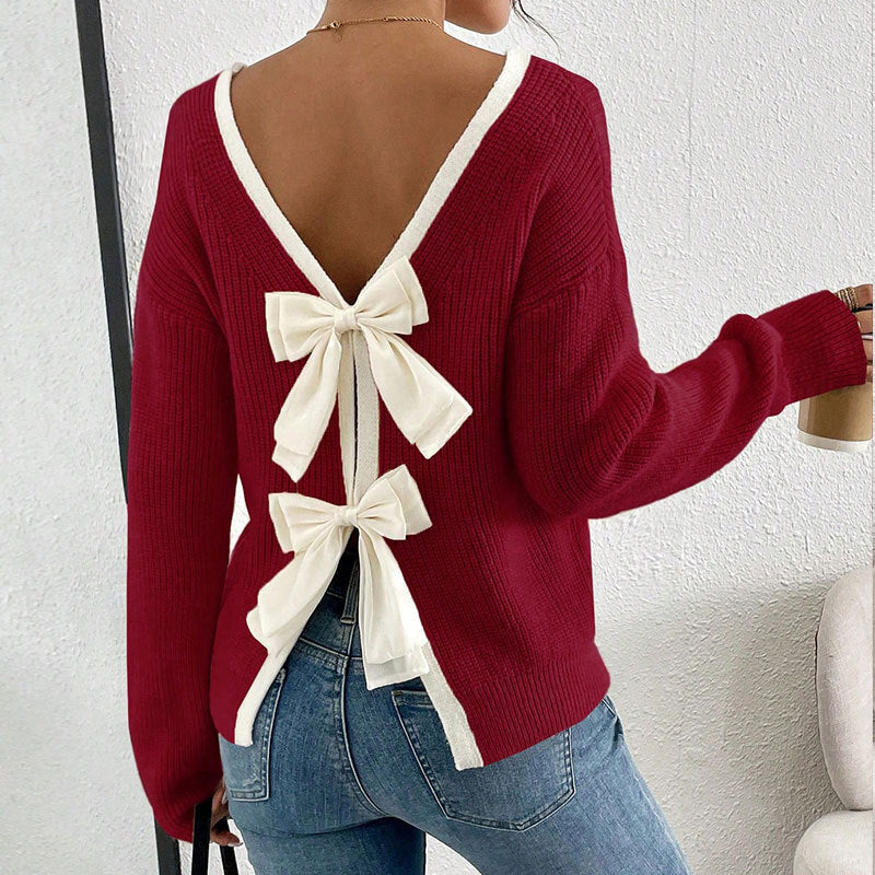 Red Bow Back Knit Cardigan with Contrast Trim Premium Fabric - product view 1