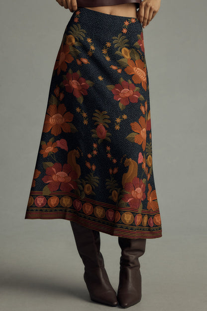 Resort-style floral printed A-line midi skirt