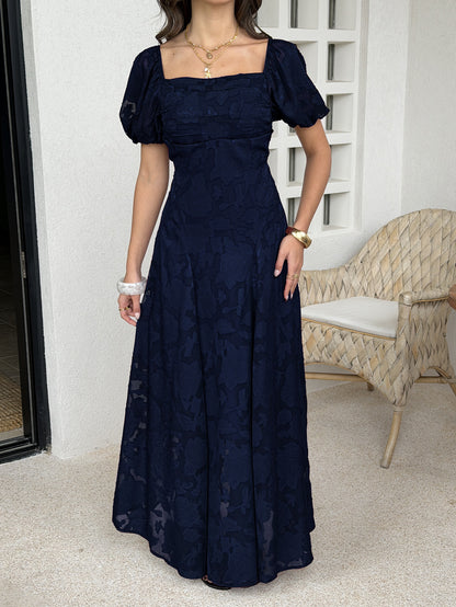 black square neck puff neck jacquard waist dress