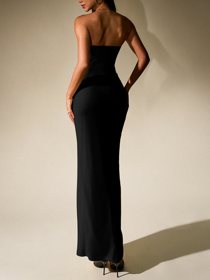 black mesh open back herring bone bandeau high slit dress