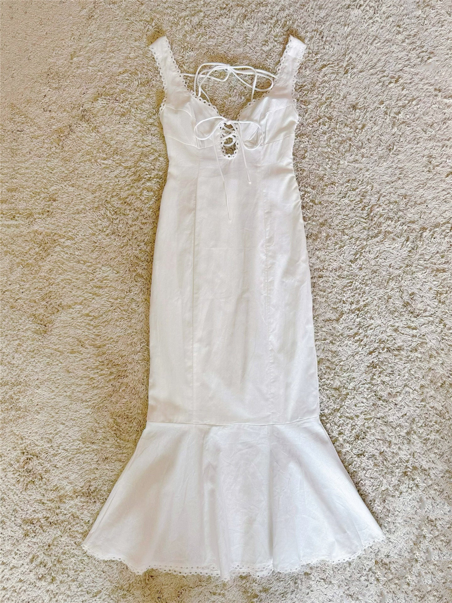 white crochet patchwork backless cotton dress