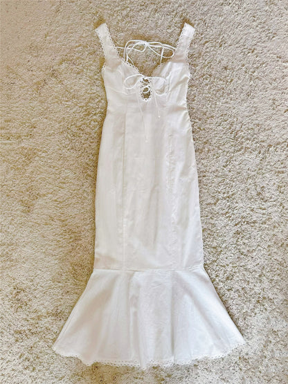 white crochet patchwork backless cotton dress