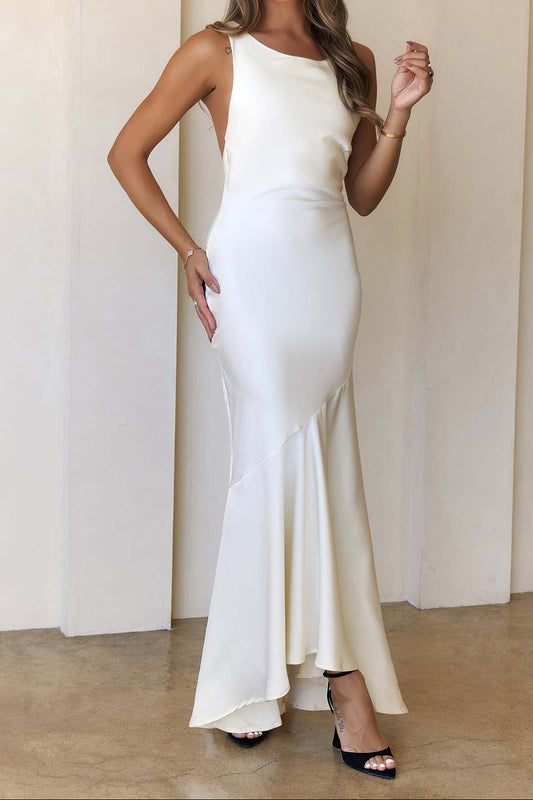 Ivory Satin Sleeveless Boat Neck Open Back Asymmetric Mermaid Maxi Dress