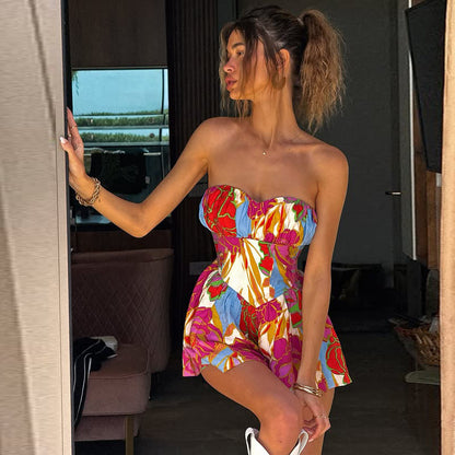 Strapless backless floral printed mini dress