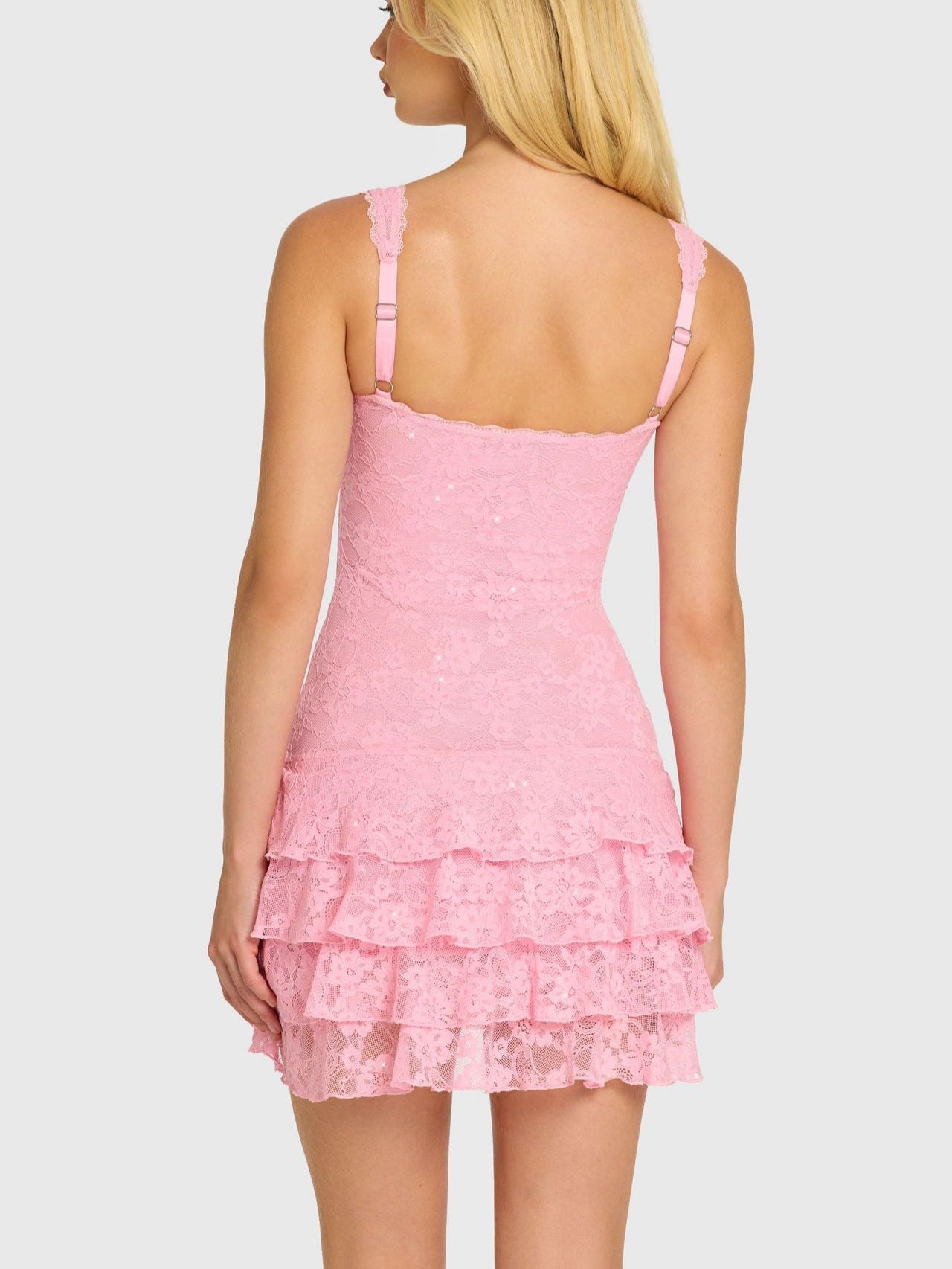 Square-neck sequin lace mini dress with tiered ruffle straps