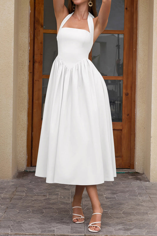 White Halter Square Neck Gathered Waist Flared Midi Dress