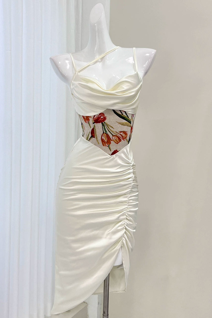 white print satin suspenders dress
