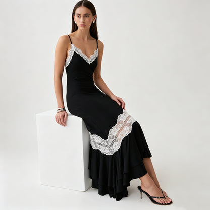 Black V-neck camisole maxi dress with asymmetrical lace splicing & cut-out