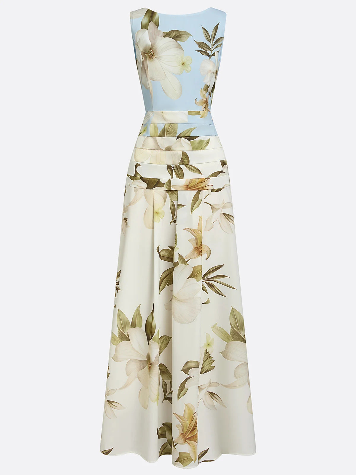 Floral Print Ruched Sleeveless A-Line Maxi Dress
