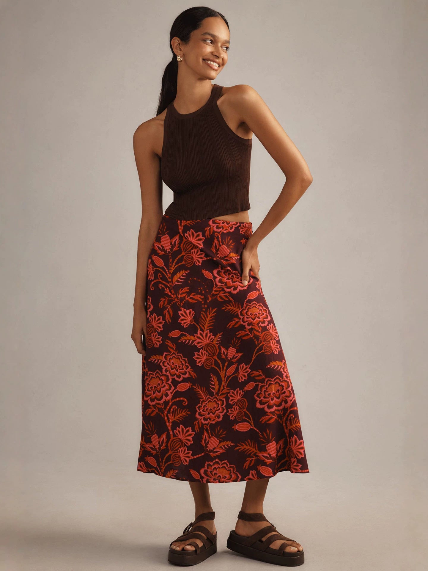 Resort-style floral printed A-line midi skirt