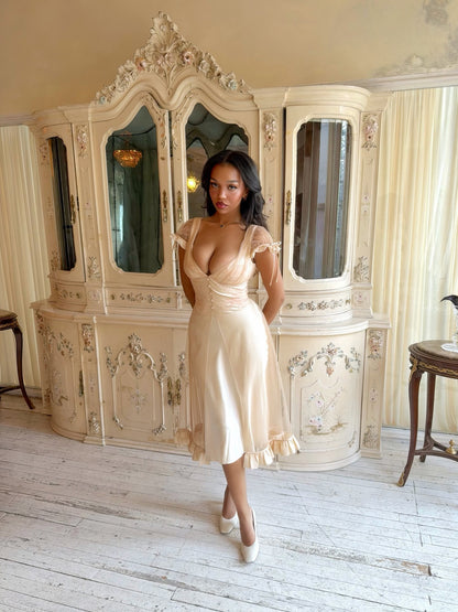 Satin Ruffled midi Dress with Deep-V Mesh and Lace Paneling