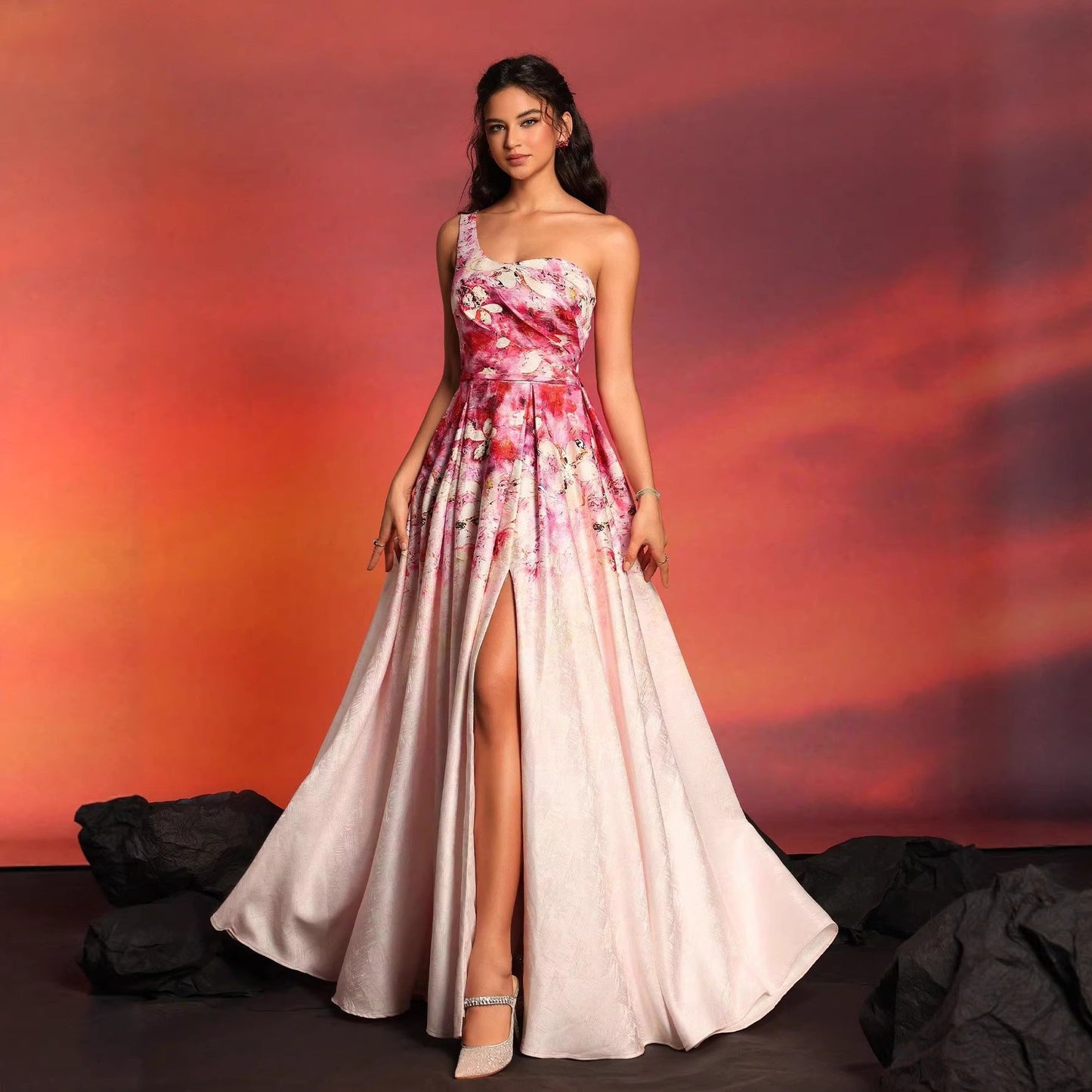 one-shoulder Printed sleeveless slit maxi dress