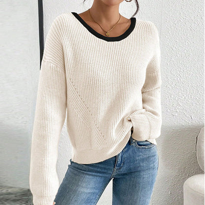 Cream Ribbed Knit Sweater with Black Contrast Neck Trim Premium Fabric - product view 1
