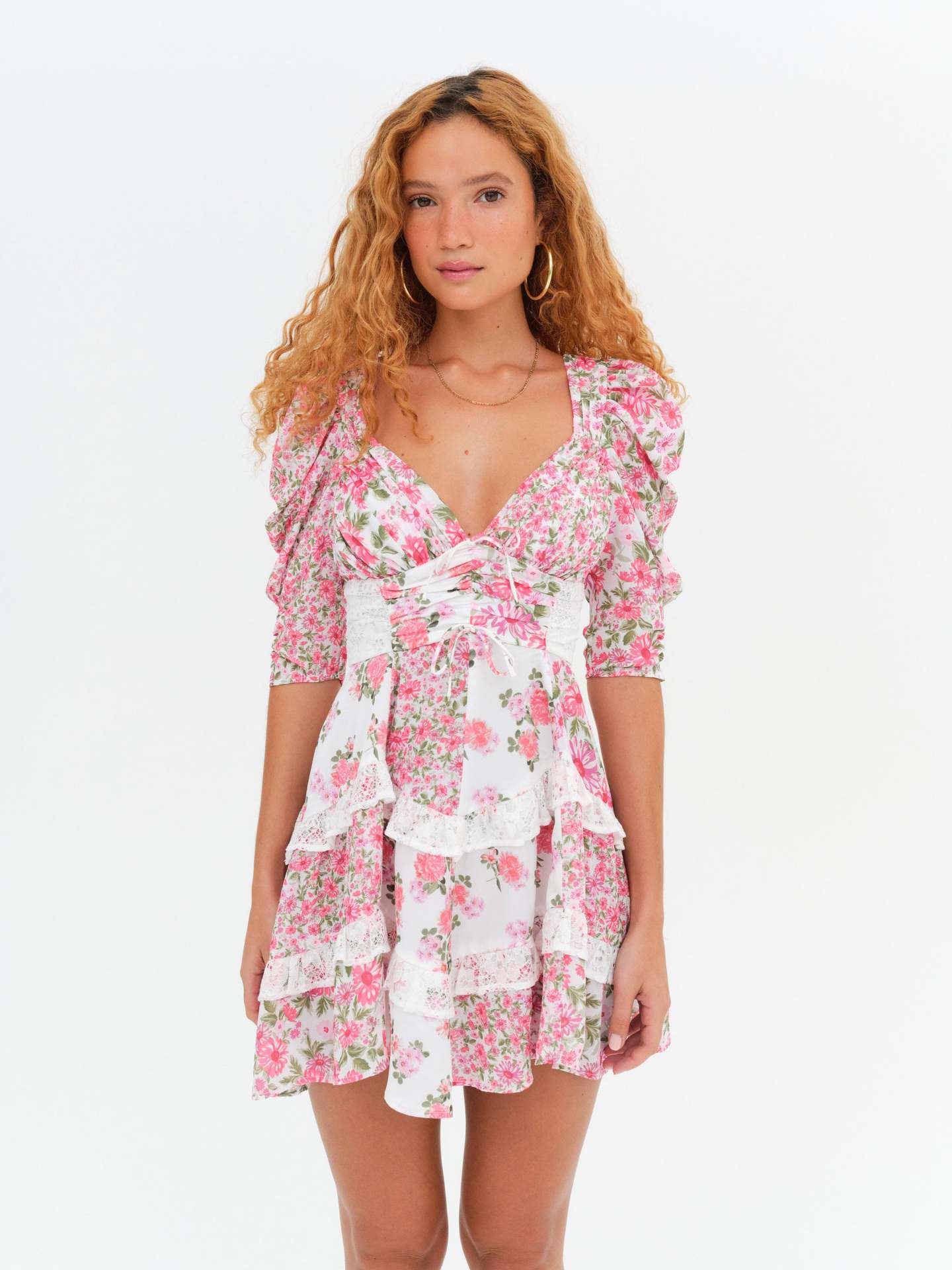 Floral lace patchwork deep V-neck puff sleeves mini dress