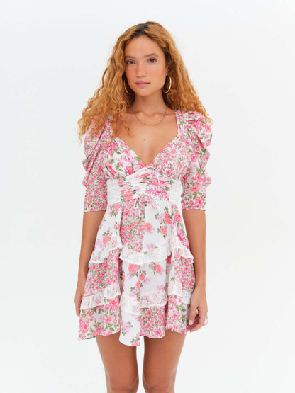 Floral lace patchwork deep V-neck puff sleeves mini dress