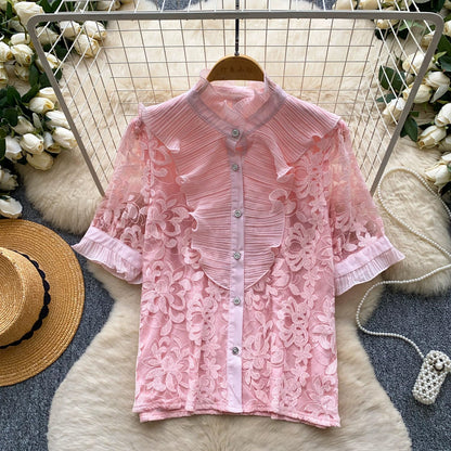 Lace-trimmed stand-up collar short-sleeved shirt