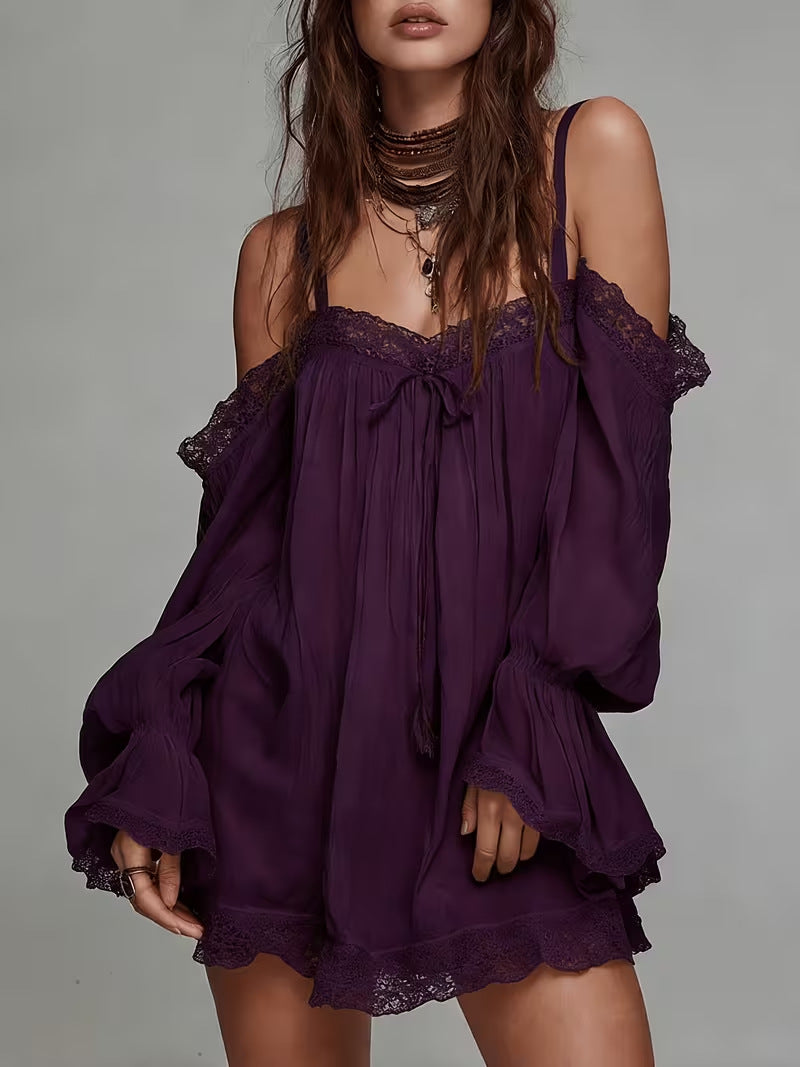 off-shoulder camisole mini dress with lace trim