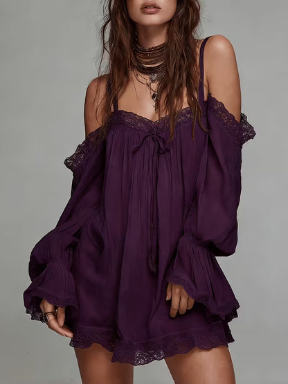 off-shoulder camisole mini dress with lace trim