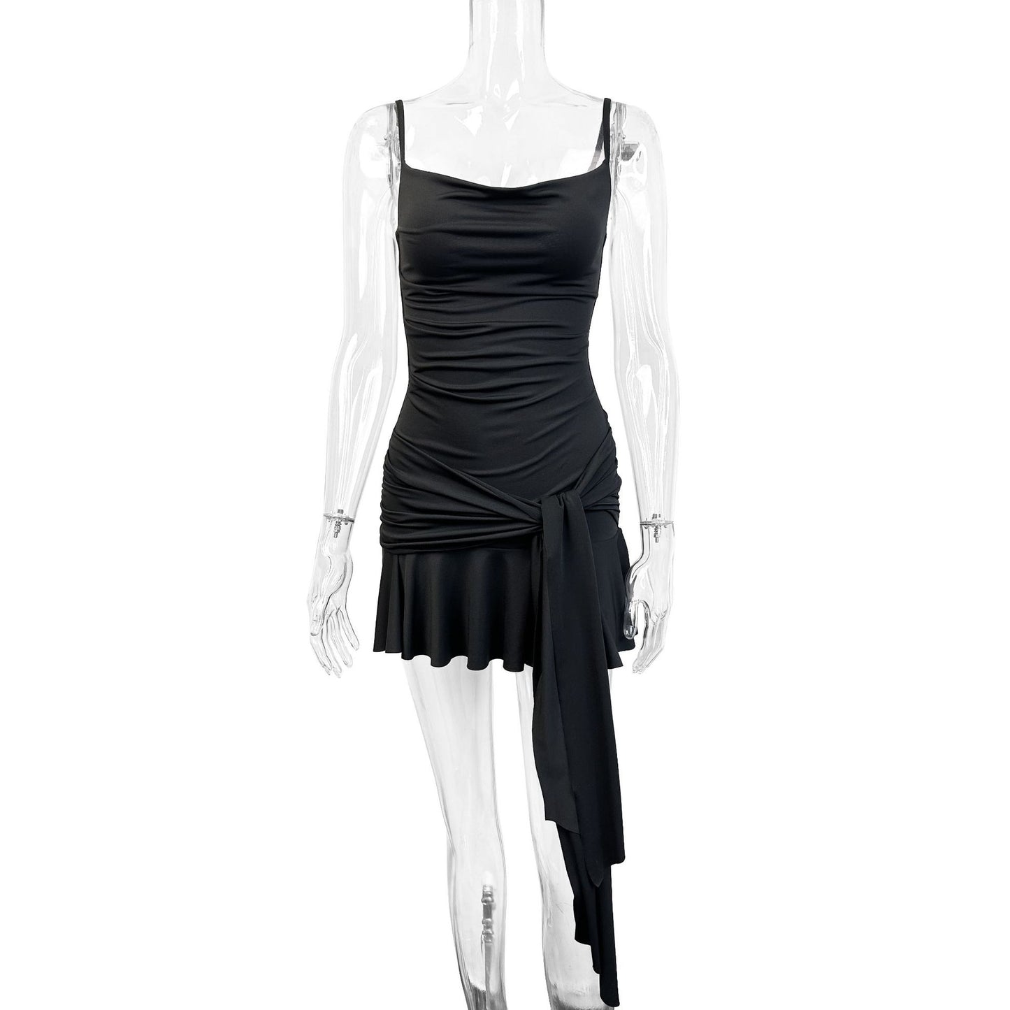 black Spaghetti strap tie mini dress