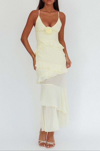 yellow backless suspender ruffled dress
