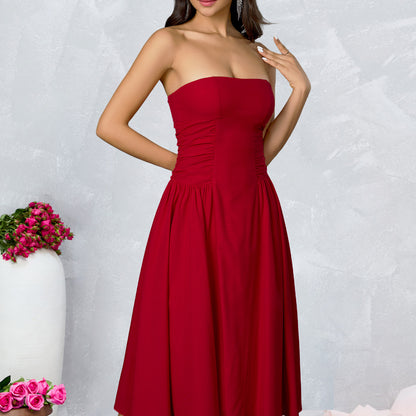 red bandeau backless  A-line mid dress