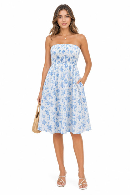 Beach-print strapless midi dress in pale blue
