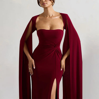 red square neck long sleeve high slit dress