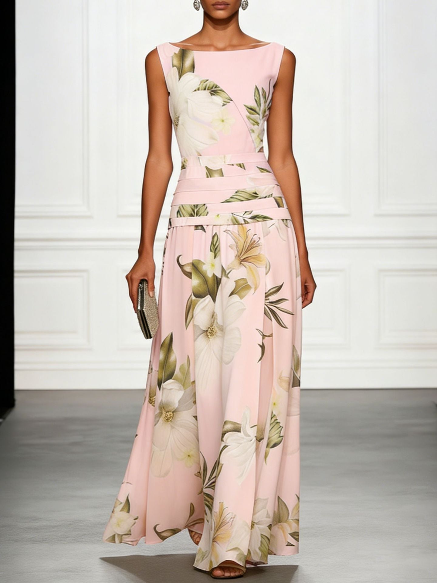 Floral Print Ruched Sleeveless A-Line Maxi Dress
