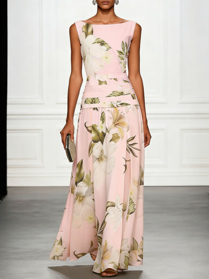 Floral Print Ruched Sleeveless A-Line Maxi Dress