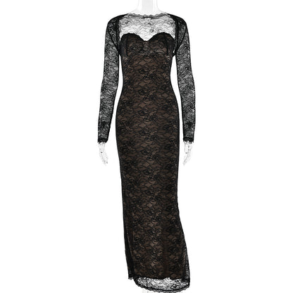 black lace see-through shawl long sleeve top bandeau mermaid skirt set