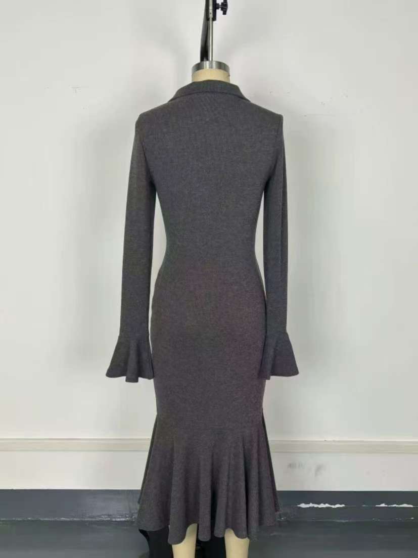 Zippered collar bell sleeve knit fishtail dress