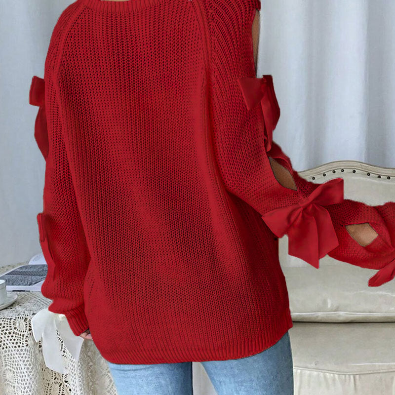 Red Knit Bow Sleeve Top Premium Fabric - product view 3