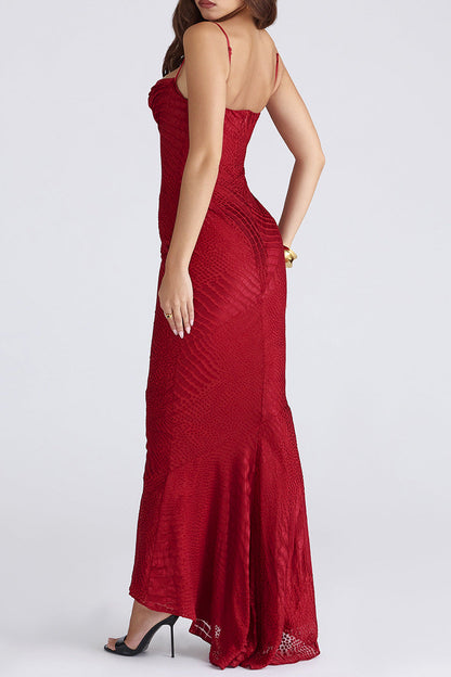 red suspender fishtail evening dress