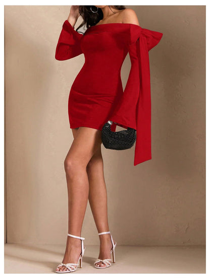 red Off-the-Shoulder Flared Sleeve Mini Dress