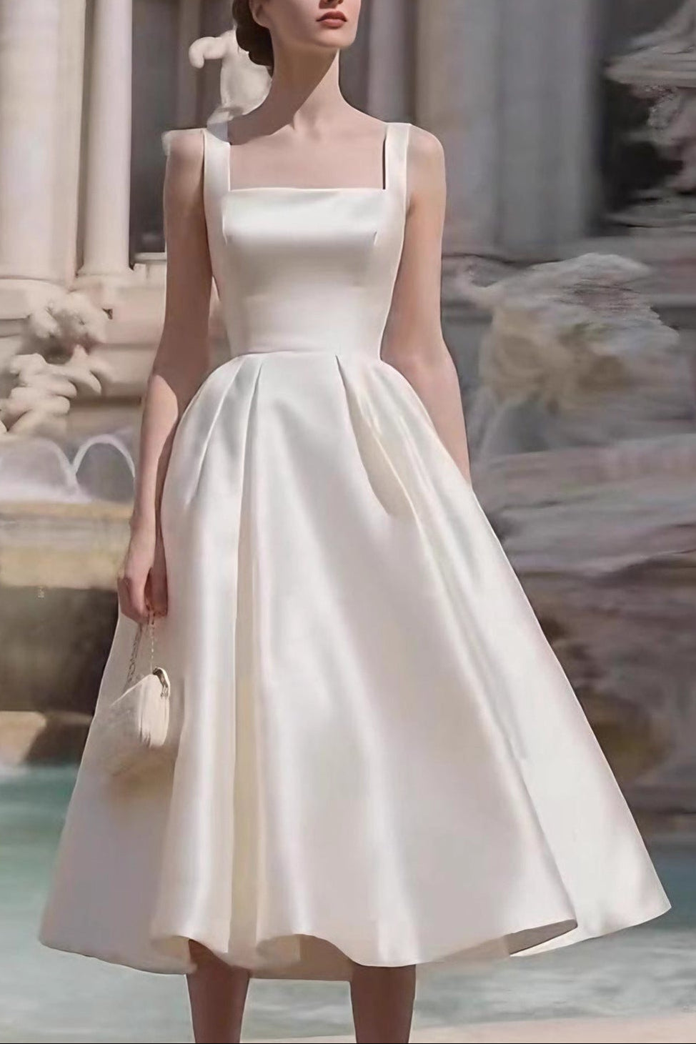 Sharon White Square Neck Satin Midi Wedding Dress