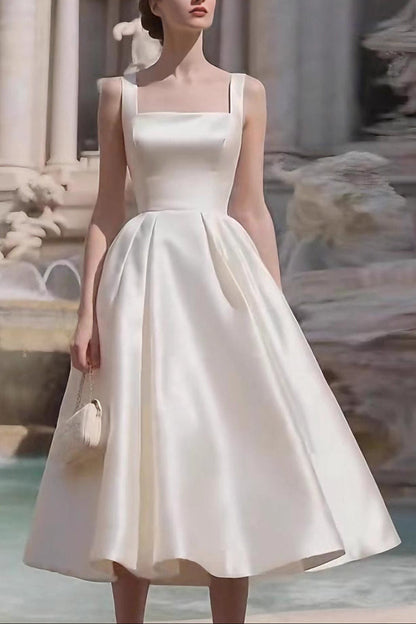 Sharon White Square Neck Satin Midi Wedding Dress