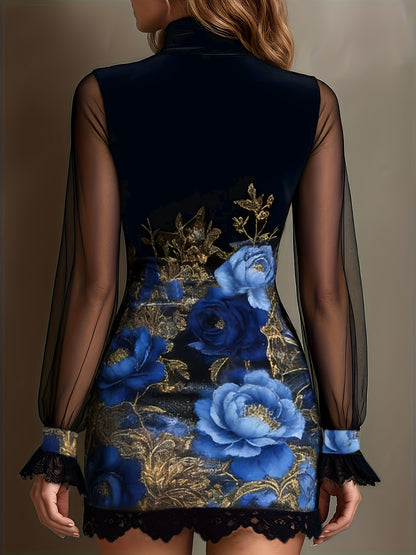 Lace trim and printed mesh bodycon mini dress