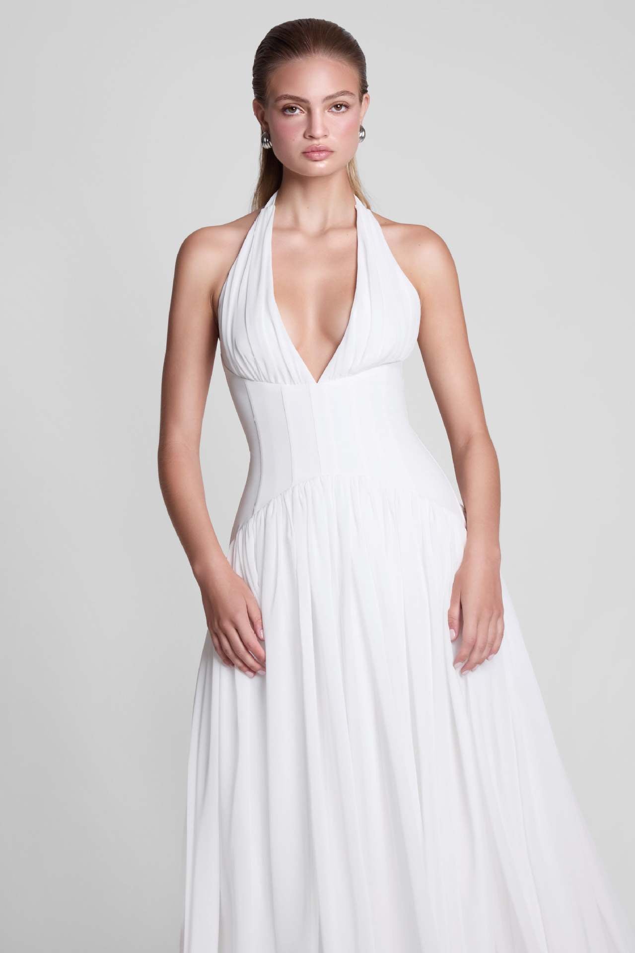 white suspender backless maxi dress