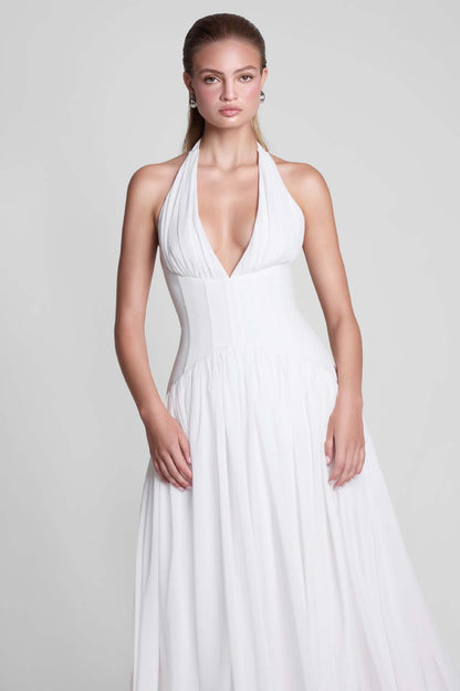 white suspender backless maxi dress