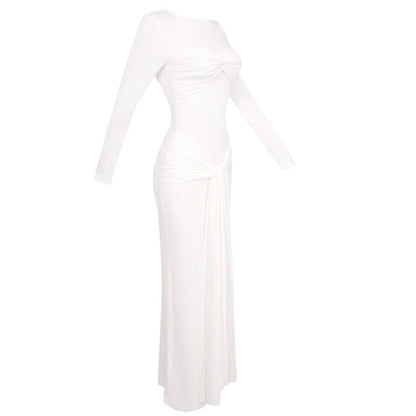 Long-sleeved ribbon-trimmed round-neck maxi dress