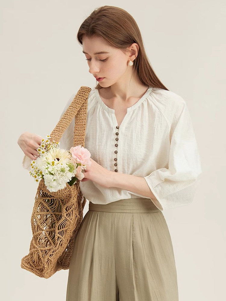 Retro round neck three-quarter sleeve linen shirt