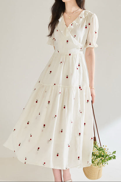 3D Embroidered V-neck Ruffled maxi Dress - white