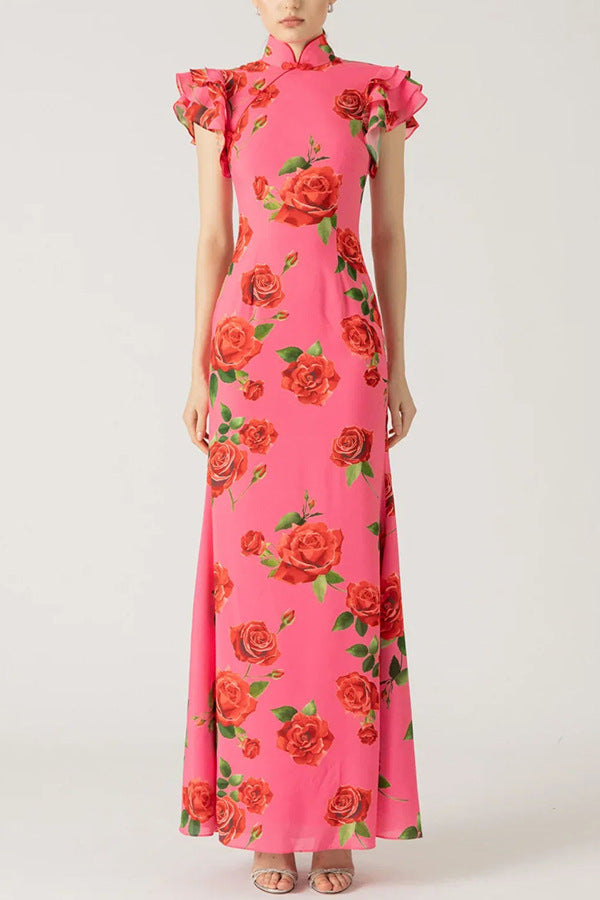 ruffle sleeve floral print bodycon maxi dress