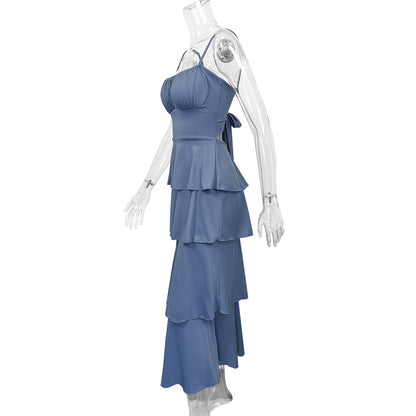Backless halter pleated tie dress