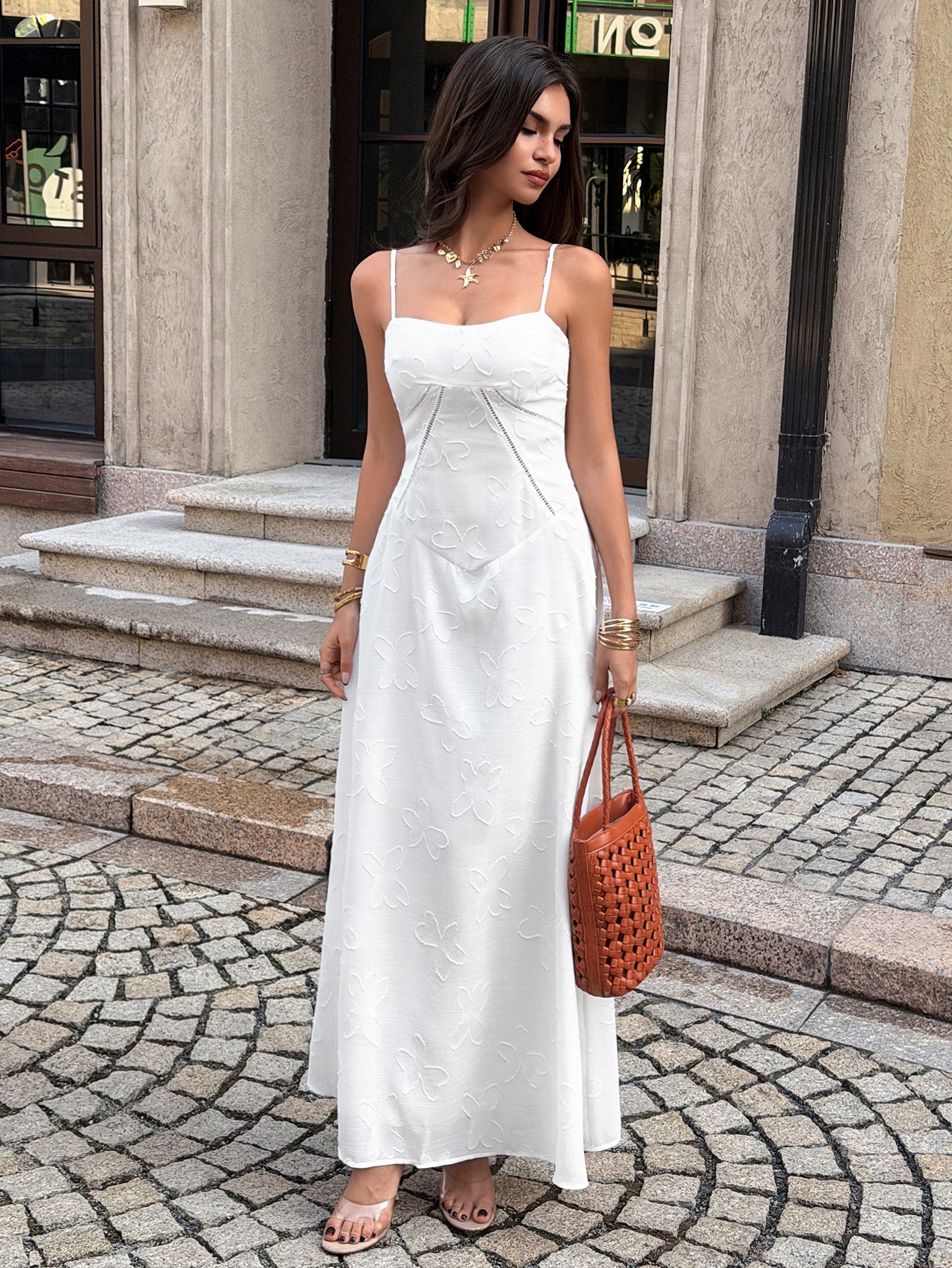 white jacquard suspender waist dress