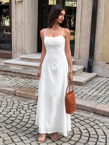 white jacquard suspender waist dress