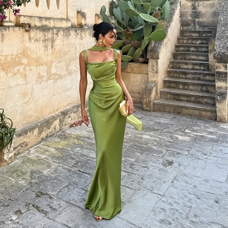 green satin herring bone slip dress