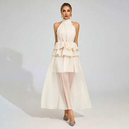 apricot sleeveless halterneck fluffy ruffled dress